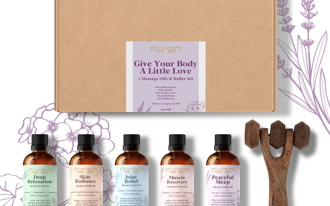 Home Massage Kit Gift Set 100ml  Self Body Massage Oil – 5 Massage Oils, Wooden Roller & Massage Guide