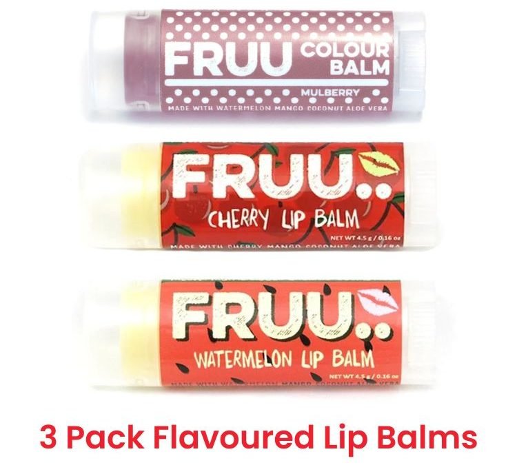 3 Pack of Lip Balms, Vegan Organic Scented Flavoured Lip Balms, Cherry Lip Balm, Watermelon Lip Balm & Fresh Tinted Lip Balm Gift Set